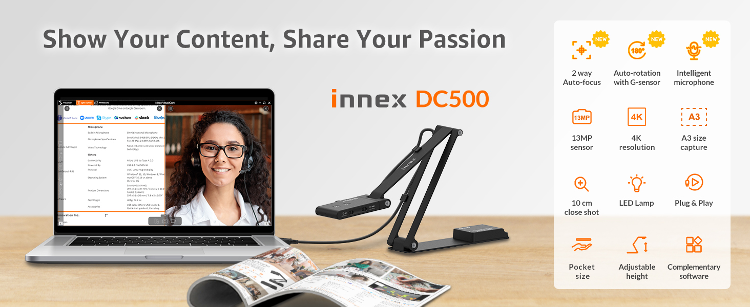 Amazon.com: Innex DC500 13MP 4K USB Document Camera, Webcam